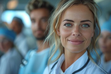 Fototapeta premium A successful and skilled physician in a hospital, part of a healthcare team, showcasing confidence and professionalism.