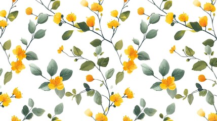 Seamless pattern of small branches with yellow flowers
