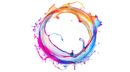 Obraz premium Vibrant paint splashes twist in mid-air, forming a colorful, abstract circular pattern on a white background.