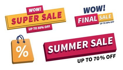 Vector set of 3D super and final sale with 50%, 70% discount emblems