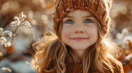 A girl in a knitted cap flashes a joyful smile at the camera