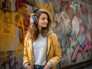 Young woman in yellow jacket enjoying music on headphones against vibrant graffiti wall.