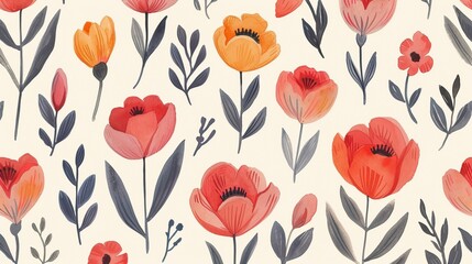 Simple seamless pattern of hand drawn gouache flowers