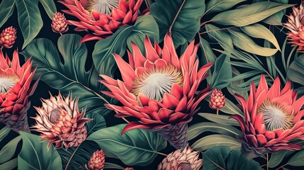 Tropical Blooming Pattern with Protea