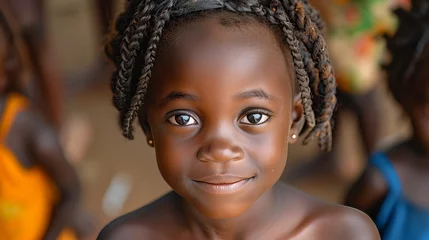 Fotobehang Little girl with cornrows and braids smiles happily for the camera © Наталья Игнатенко