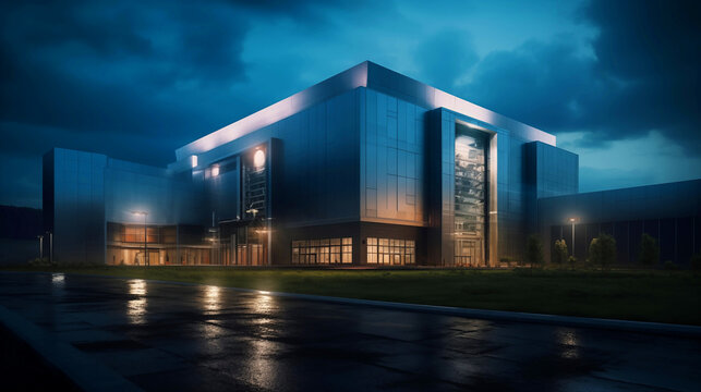 the exterior of a data center building in a cloudy day
