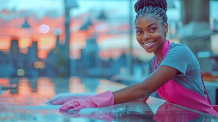 Woman in Pink Apron Holding Bottle of Hand Sanitizer