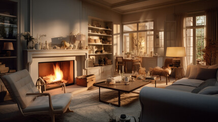 A chic living room with augmented reality furniture and a virtual fireplace