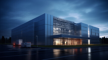 the exterior of a data center building in a cloudy day