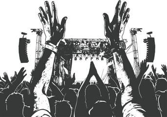 Silhouette hands raised at a music festival black color only - obrazy, fototapety, plakaty