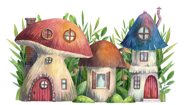 Fairy tale mushroom houses village illustration. Cute gnome fairy houses. Hand drawn watercolor fantasy forest cottage composition. Cartoon clip art for kids postcards, nursery design