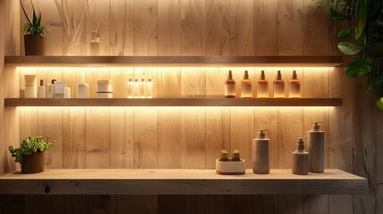 a wooden shelf adorned with soft lighting, showcasing artisanal products.