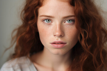 Naklejka premium Captivating portrait of a young redhead with freckles, intense green eyes, and flowing curly hair showcasing natural elegance.