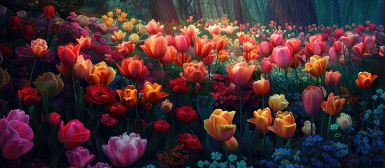 This painting features a mesmerizing display of many tulips in a vibrant garden. The artwork showcases a variety of colorful blooms, including tulips of different sizes and shades, creating a lively - obrazy, fototapety, plakaty