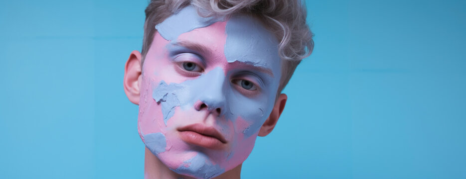 Close-up of a young man with textured pastel body paint in cool tones, evoking modern art on a blue backdrop.