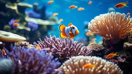 illustration of an underwater view of hunting clown fish among exotic coral reefs - obrazy, fototapety, plakaty