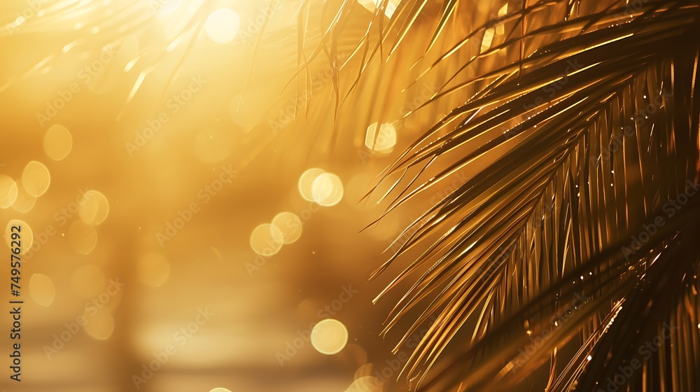 Poster close-up of palm tree with sun in background. generative ai.