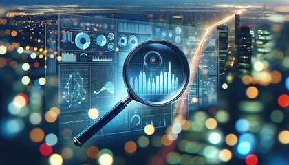 Strategic Business Audit and Financial Management: Analyzing Data for Profitable Growth, Magnifying glass science and technology, Graphs and dashboard, business intelligence, BI, floating charts	