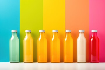 Green, yellow, orange and red smoothie in glass bottles. Set of seven bottle. colorful and Healthy.