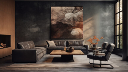 A chic living room with a textured wall finish, a large painting, and a black leather armchair 