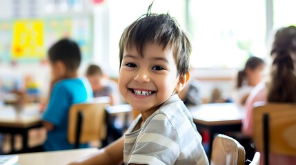 Fototapeta premium Young Boy Seated at Classroom Table. Generative AI.