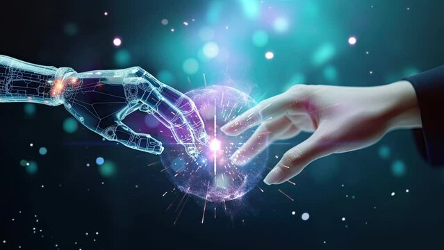 concept of AI helping people, cooperation at work with modern futuristic background, ai generated