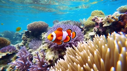 illustration of an underwater view of hunting clown fish among exotic coral reefs - obrazy, fototapety, plakaty