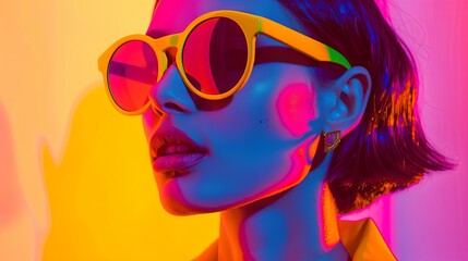 Portrait of a girl wearing glasses in neon style. Fashionable image for disco or other event. Illustration for cover, card, postcard, interior design, banner, poster, brochure or presentation. - 749576646