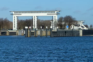 Fotobehang The Prinses Beatrixsluis in the Lek Canal is the largest, monumental inland navigation lock complex in the Netherlands. Vreeswijk Nieuwegein, Utrecht 11 January 2023. © PixelBiss