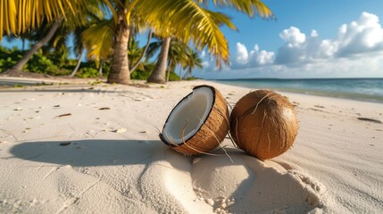 coconuts in the sand on beach with Palm trees in the background