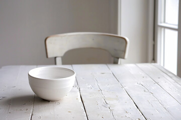 Fototapeta na wymiar A white bowl on a rustic wooden table