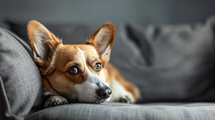 Corgi pembroke lies on the sofa and looks at the camera. Studio photography of dog. Dark grey background. Space for text.