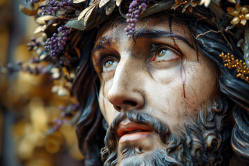 Detailed Sculpture of Jesus Adorned with Golden Crown and Berries