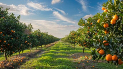 an orange plantation brimming with ripe oranges against the backdrop of a clear blue sky and distant white clouds. - obrazy, fototapety, plakaty
