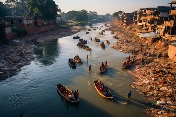 Fototapeta premium People on boats float through the streets of town amid debris and destroyed houses during flood