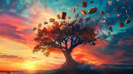 An imaginative representation of International Literacy Day featuring a tree adorned with books instead of leaves, each book symbolizing the knowledge and empowerment gained through literacy, - obrazy, fototapety, plakaty