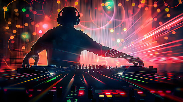 Generative AI illustration of a DJ with headphones playing music in a club with laser lights behind