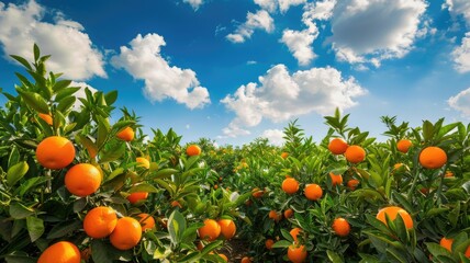 an orange plantation brimming with ripe oranges against the backdrop of a clear blue sky and distant white clouds. - obrazy, fototapety, plakaty