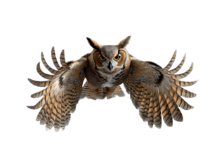 The bird is a nocturnal predator. An owl in flight flaps its large wings.