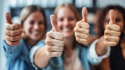 Success Gesture: Coworkers Celebrate with Thumbs Up in Modern Office, Embodying Collaboration