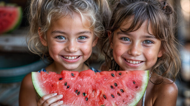 Two young girls are holding a watermelon and smiling. Scene is happy and playful