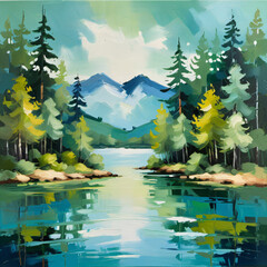 Serene lake reflects the lush green forest and snow-capped mountain peaks under a summer sky