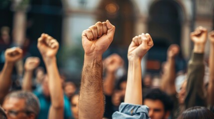 Solidarity in Action: Group Raises Fists in the Air, Symbolizing Protest - obrazy, fototapety, plakaty