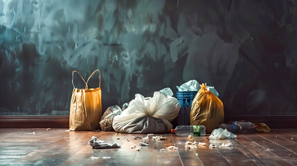 Trash bags and scattered waste in a dimly lit room - obrazy, fototapety, plakaty