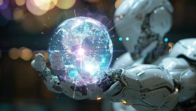concept of AI helping people, cooperation at work with modern futuristic background, ai generated