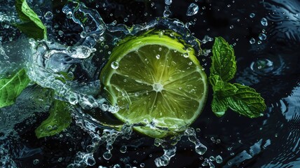 a fresh lime slice and a sprig of green herb nestled amidst vigorously bubbling water, evoking a feeling of freshness and vitality.