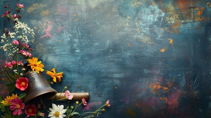 An artistic composition featuring a school bell and a piece of chalk resting on a vintage blackboard adorned with colorful flowers