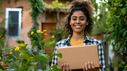 a woman holding a box in front of a house - obrazy, fototapety, plakaty