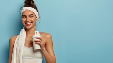 A woman is smiling and holding a white cup. She is wearing a white tank top and a white headband