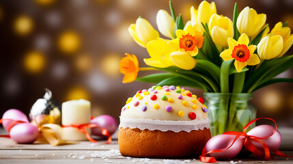Obraz na płótnie Canvas Easter cake and spring tulips on a wooden background. Selective focus.. Greeting card on an Easter theme. Happy Easter concept.